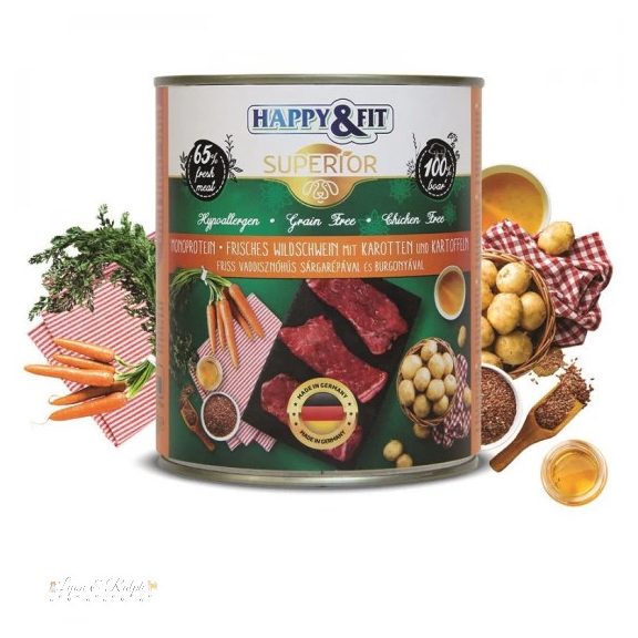 Happy&Fit Superior Dog Monoprotein konzerv friss vaddisznóhús sárgarépával, burgonyával 800g