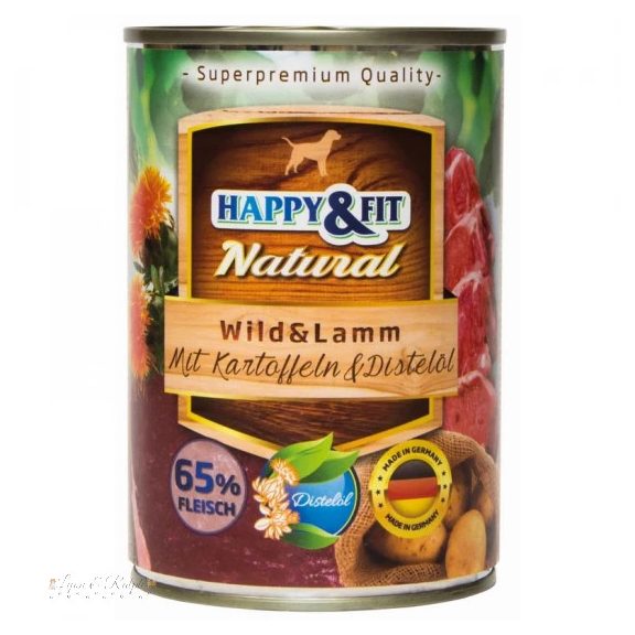 Happy&Fit Natural Dog konzerv vadhús, bárány burgonyával és sáfrányolajjal 400g