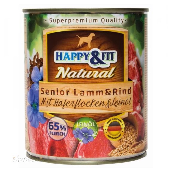 Happy&Fit Natural Dog konzerv senior bárány, marha zabliszttel és lenmagolajjal 800g