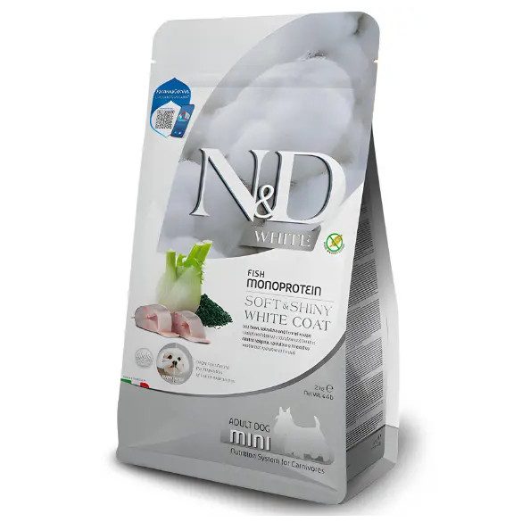 N&D White Dog tengeri sügér, spirulina & édeskömény adult mini 2kg