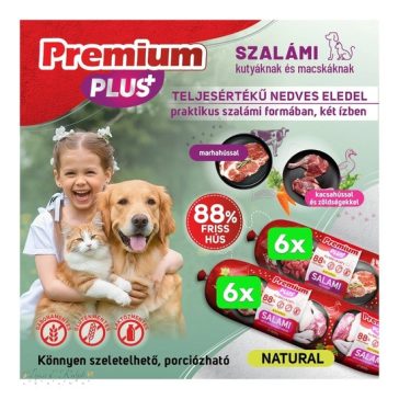  Premium Plus kutya, macska szalámi 88% hús marha,kacsahús+zöldségek 800g 2*6db BOX